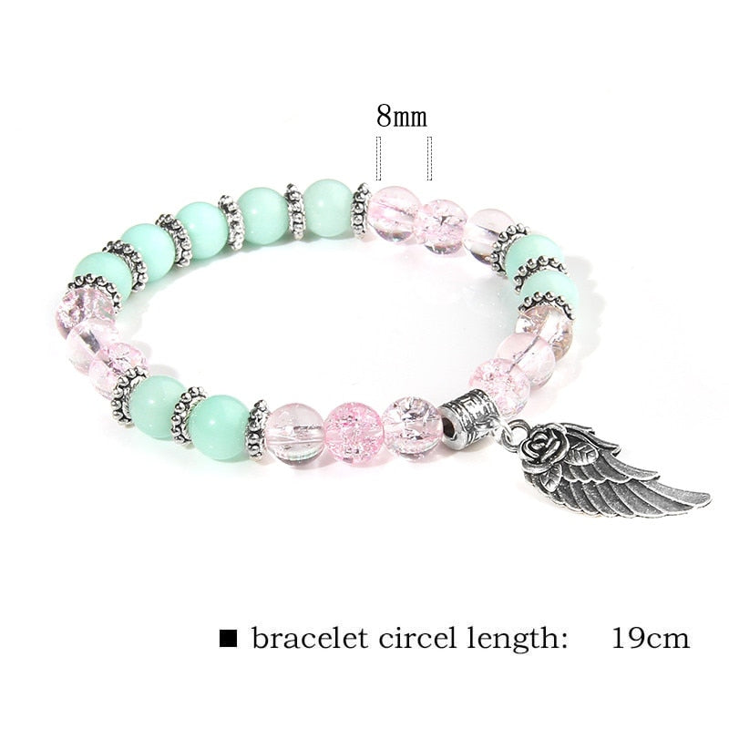Pink Quartz with Angel Wings Pendent Bracelets Women Natural Stone Beads Charms Bangles Meditation Ethnic Handmade Jewelry Gift