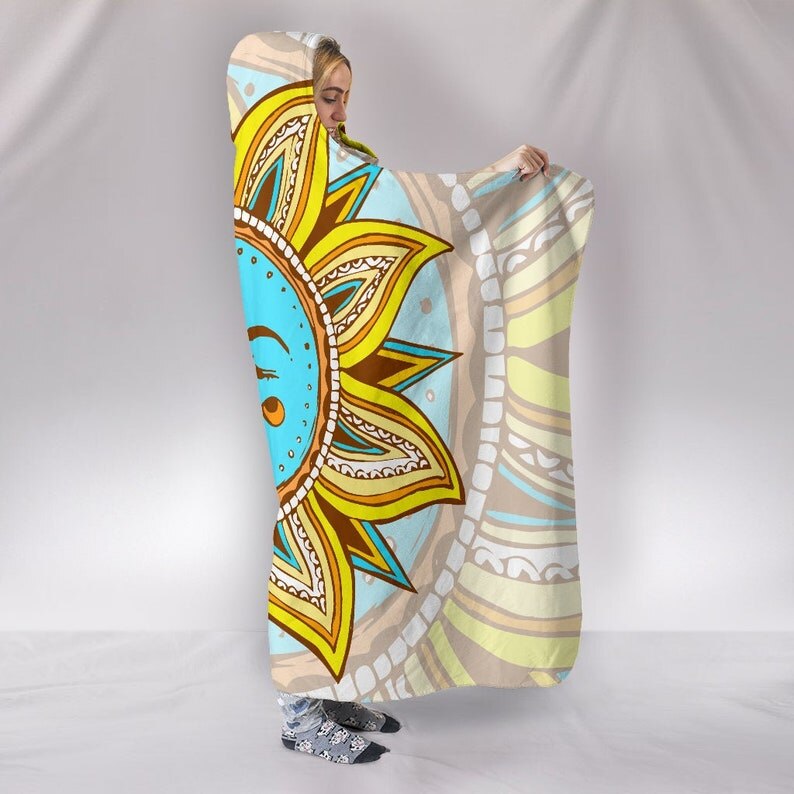 Hippie Sun and Moon Flower Hooded Blanket - Hippy Vibes, Spiritual Powers, Soft Wearable Blanket Hoodie, Femininity Rebirth, Coz