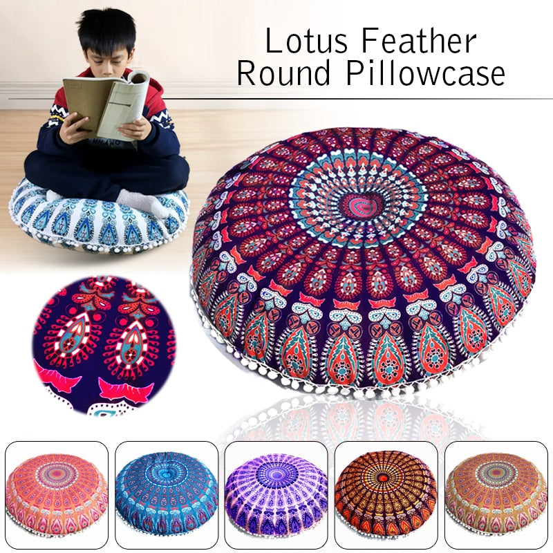 43/80cm Mandala Pattern Floor Pillows Round Bohemian Meditation Seat Cushion Cover Pouf Case Retro Feather Printed Home Decor