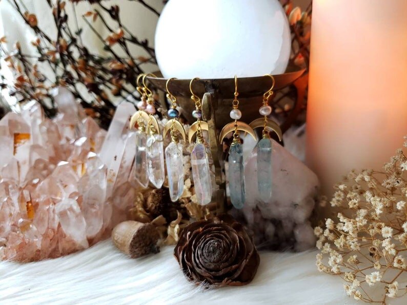 Moon Pearl Quartz Earrings Sun Stars Moon Boho Hippie Bohemian Earring Celestial Witchy Metaphysical Jewelry