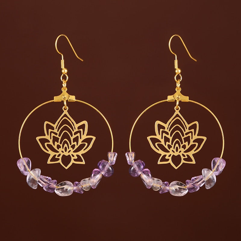 Fashion Golden Hoop Lotus Quartz Crystal Hoop Earrings Gypsy Tribal Earrings Witch Metaphysics Jewelry Ladies Gifts