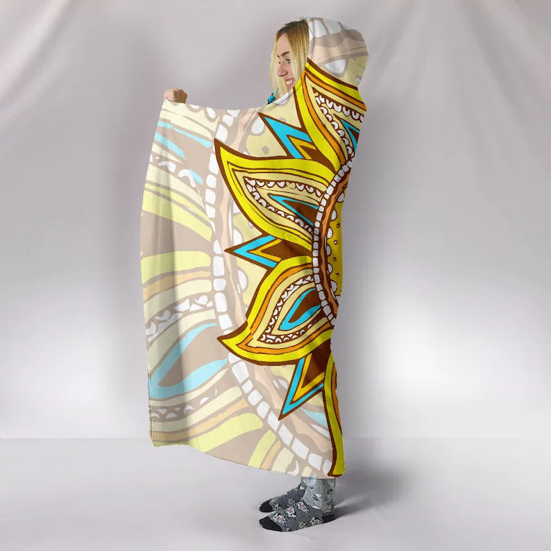 Hippie Sun and Moon Flower Hooded Blanket - Hippy Vibes, Spiritual Powers, Soft Wearable Blanket Hoodie, Femininity Rebirth, Coz