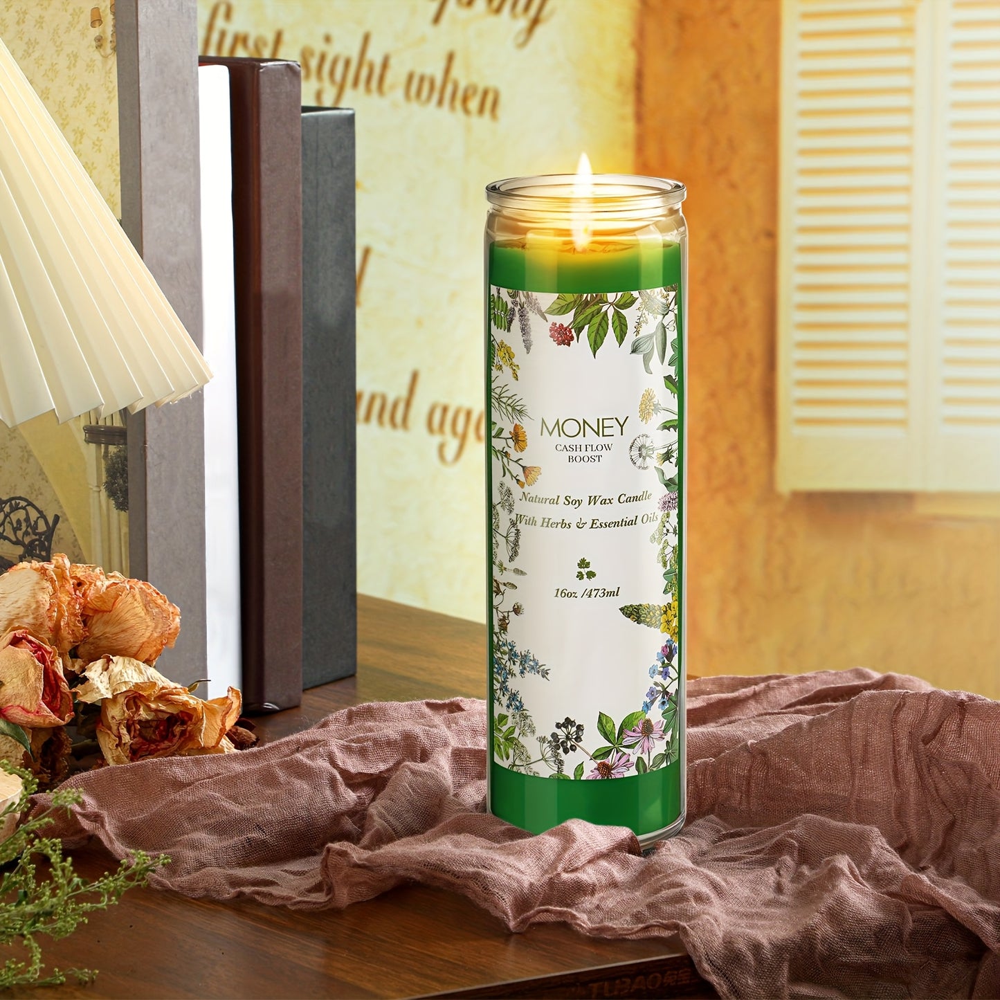 Yaomiao 2-Pack Soy Wax Scented Candles with Essential Oils & Herbs, Money Cash Flow Aroma for Prosperity & Abundance, Single-Wick, Glass Container, No Batteries Needed, Ideal for Christmas Holiday