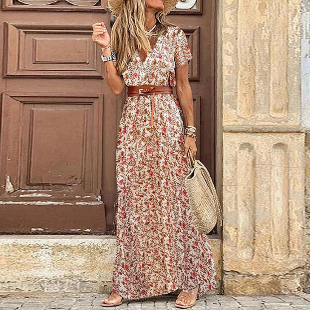 Loose dress Boho Women V Neck Short Sleeve Paisley Print Belt Large Hem Beach Long Dress Belt Large Hem Beach Long Dress