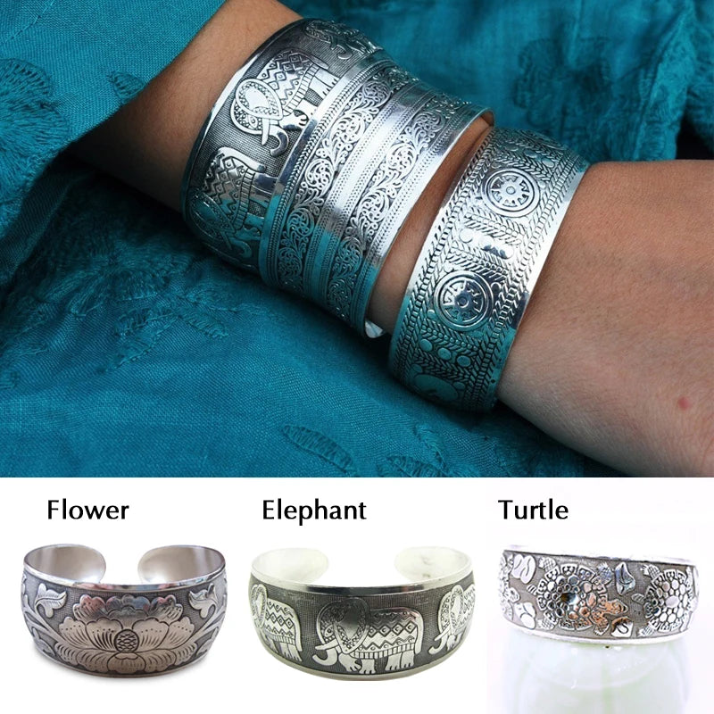 Chinese Vintage Silvery Tibetan Bracelet Carved Wide Bracelet Elephant Tortoise Flower Vintage Charm For Women Ethnic Jewelry