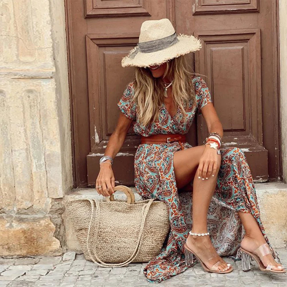 Loose dress Boho Women V Neck Short Sleeve Paisley Print Belt Large Hem Beach Long Dress Belt Large Hem Beach Long Dress