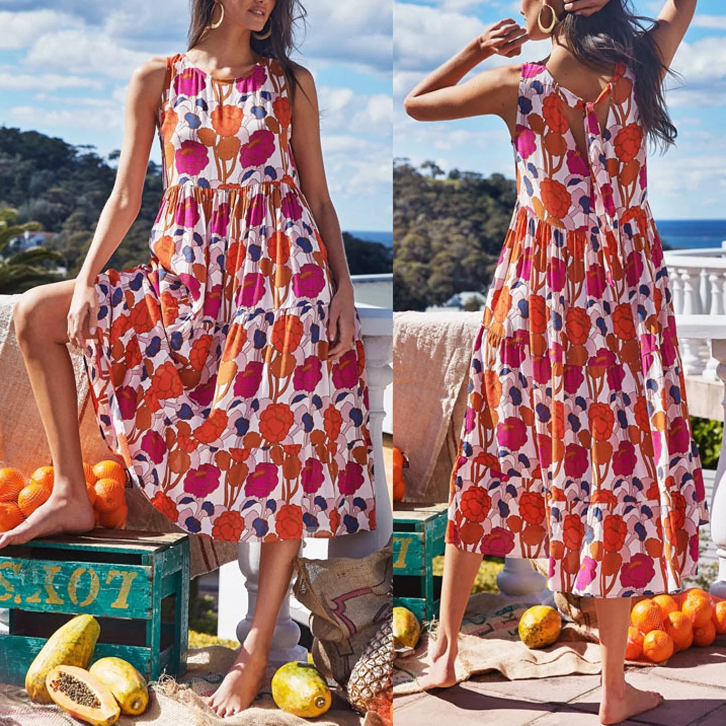Casual Dress 2021 Women Flower Tie Vest Style Holiday Style Bohemian Style Long Skirt Beach Dress Sukienki Damskie