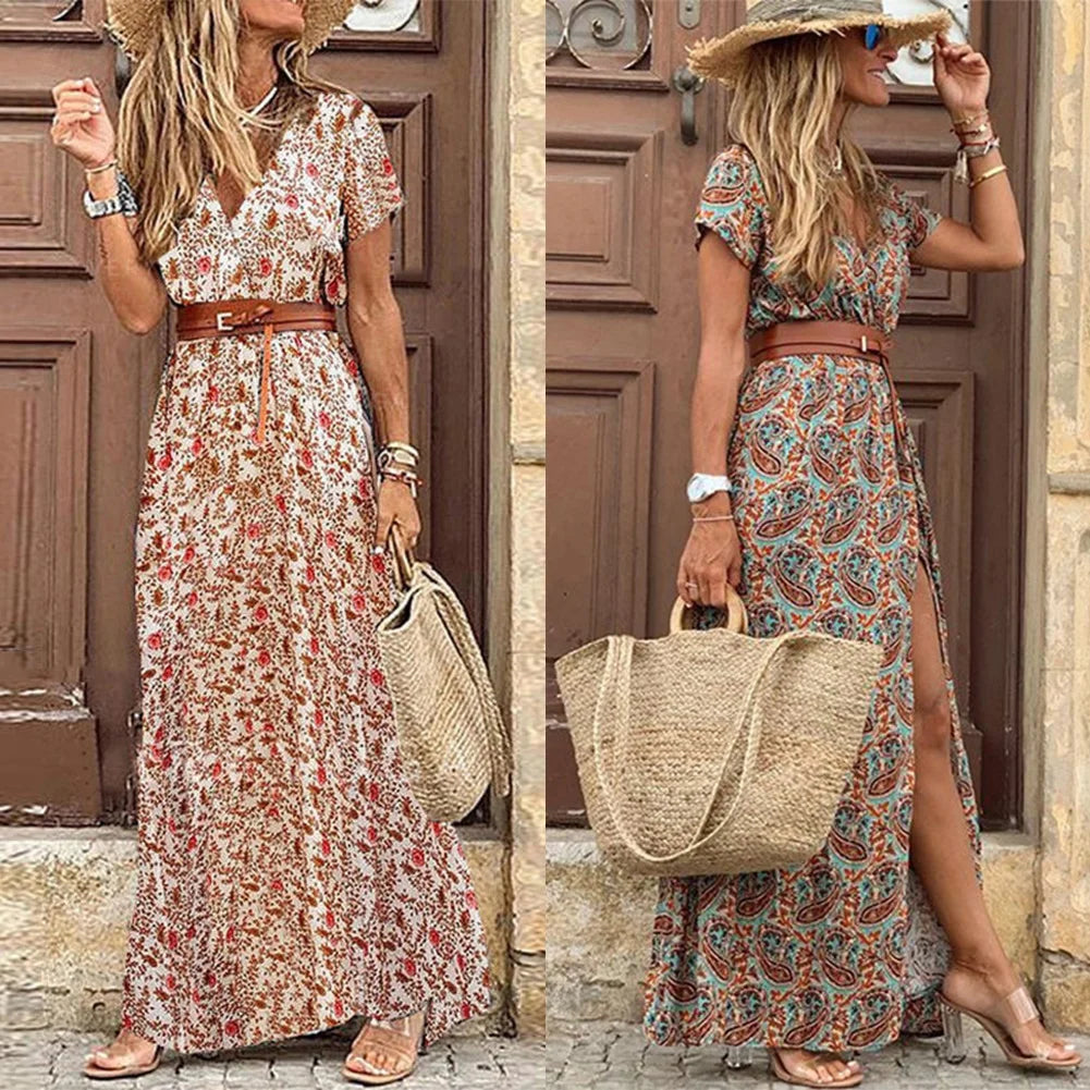 Loose dress Boho Women V Neck Short Sleeve Paisley Print Belt Large Hem Beach Long Dress Belt Large Hem Beach Long Dress