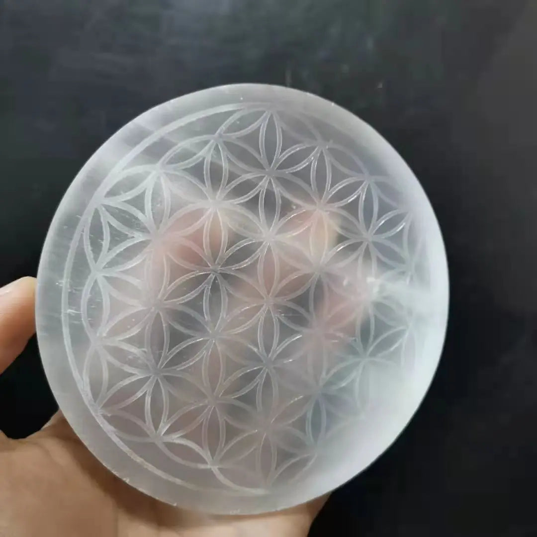 Natural selenite stone circle disk gypsum crystal Flower of Life Chakra Round Plate