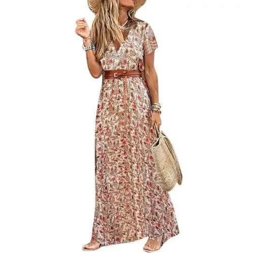Loose dress Boho Women V Neck Short Sleeve Paisley Print Belt Large Hem Beach Long Dress Belt Large Hem Beach Long Dress