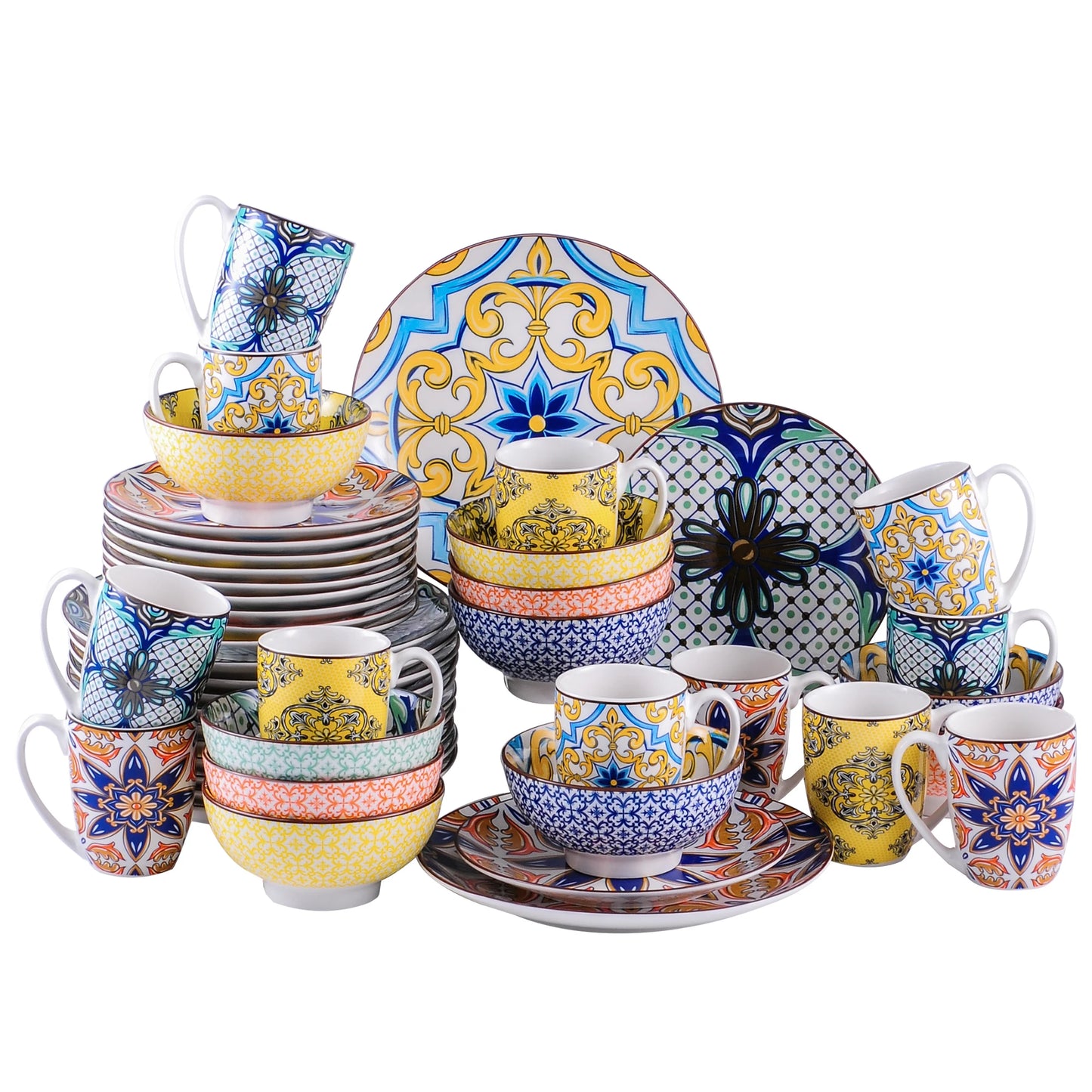VANCASSO 16/32/48-Piece Jasmin Pattern Porcelain Tableware Dinnerware Dinner Set with Dinner Plate,Dessert Plate,Bowl,Mug Set