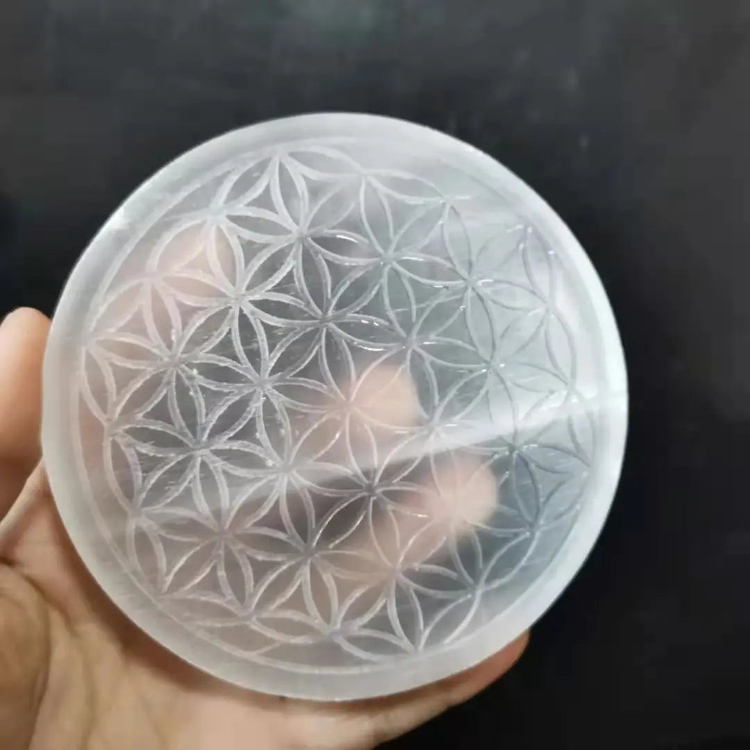 Natural selenite stone circle disk gypsum crystal Flower of Life Chakra Round Plate