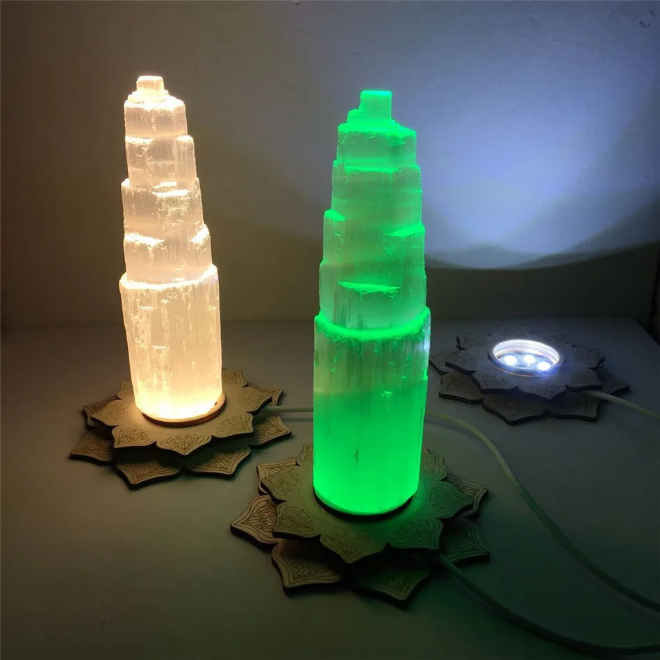 Natural Quartz Crystal Selenite Tower Lotus Lamp Gypsum Castle Reiki Healing Home Decor Mineral Specimen