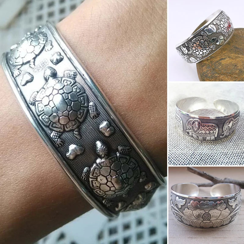 Chinese Vintage Silvery Tibetan Bracelet Carved Wide Bracelet Elephant Tortoise Flower Vintage Charm For Women Ethnic Jewelry