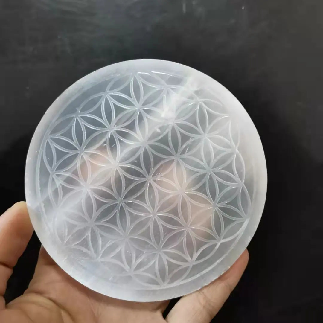 Natural selenite stone circle disk gypsum crystal Flower of Life Chakra Round Plate