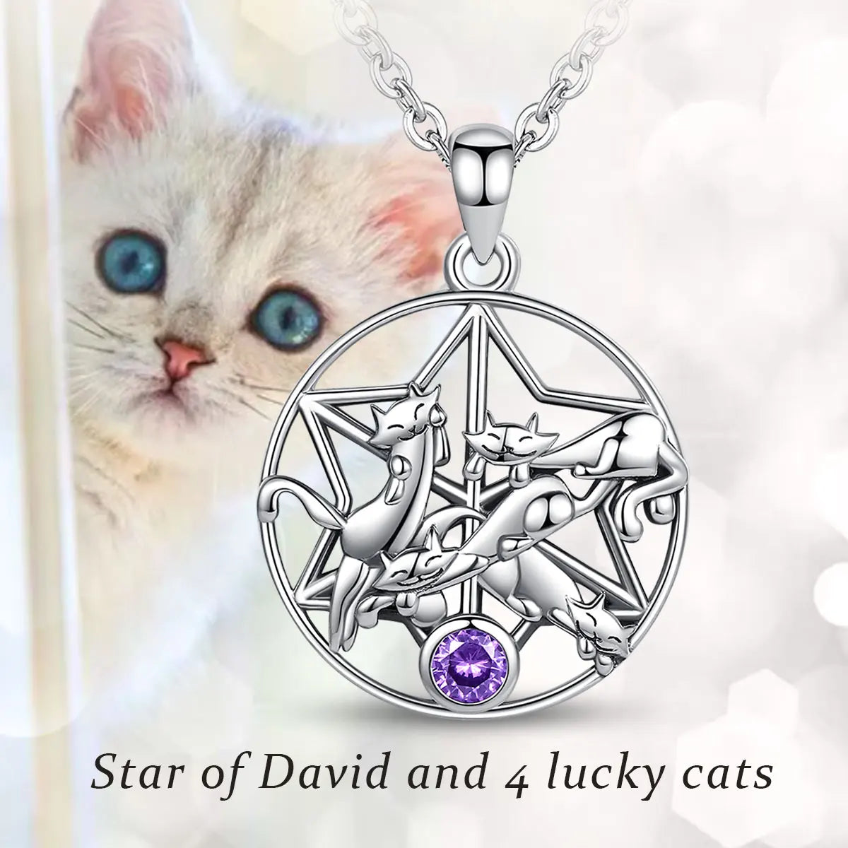 EUDORA 925 Sterling Silver Lucky Cat Pendant Star of David Necklace with Purple Crystal Animal Jewelry for Girl Women Gift D619