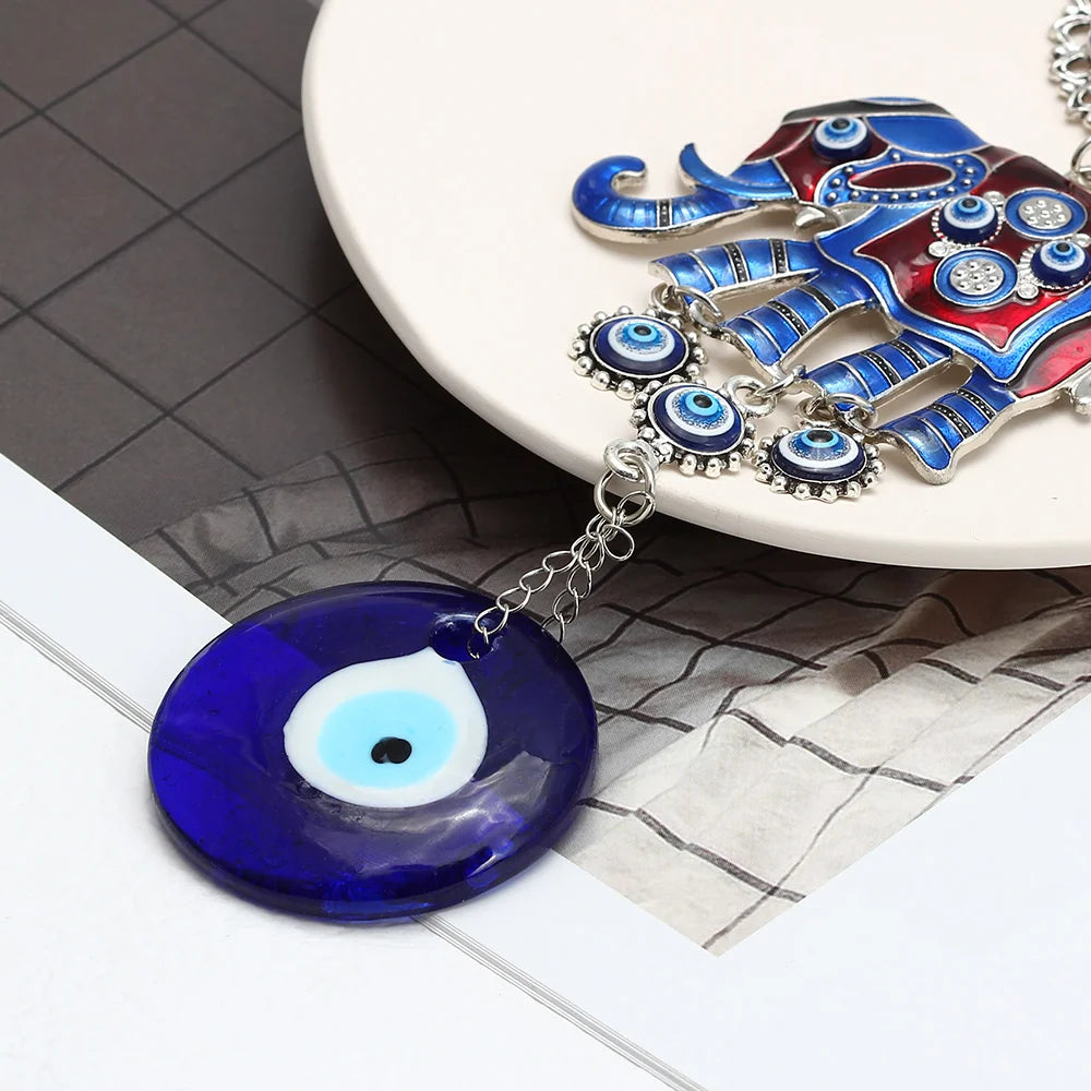 Lucky Eye Alloy Elephant Glass Blue Turkish Evil Eye Pendant Charm Wall Hanging Decorations for Home Living Room Car BE230