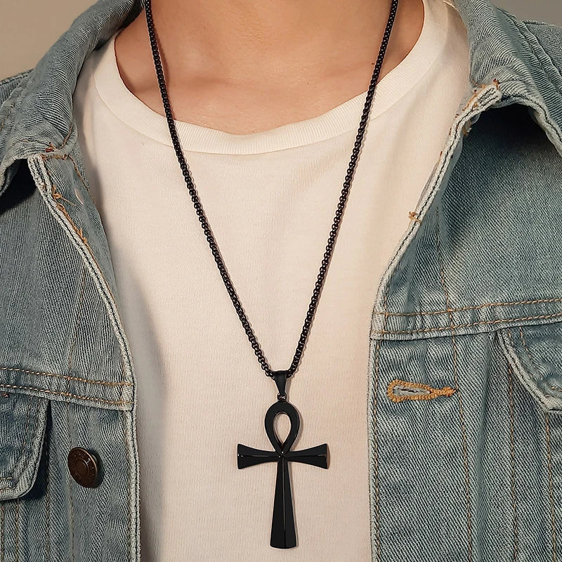 Vnox Religion Egyptian Ankh Crucifix Necklaces Stainless Steel Symbol of Life Cross Pendants Prayer Gifts Jewelry