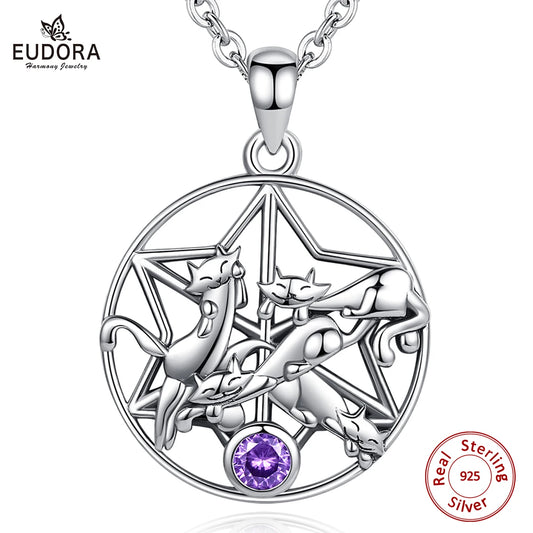 EUDORA 925 Sterling Silver Lucky Cat Pendant Star of David Necklace with Purple Crystal Animal Jewelry for Girl Women Gift D619