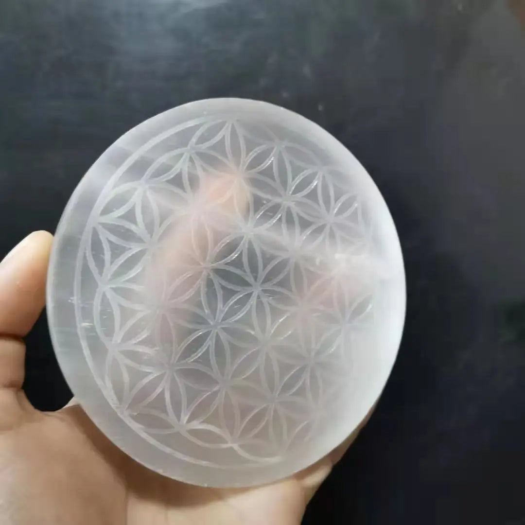 Natural selenite stone circle disk gypsum crystal Flower of Life Chakra Round Plate