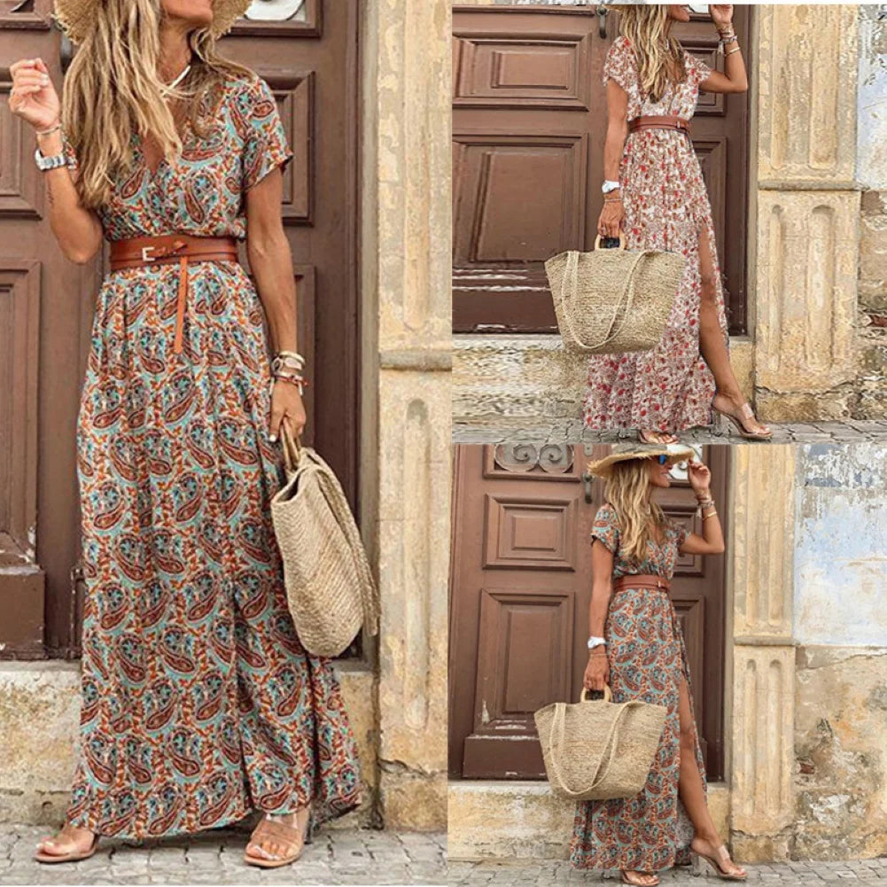 Loose dress Boho Women V Neck Short Sleeve Paisley Print Belt Large Hem Beach Long Dress Belt Large Hem Beach Long Dress