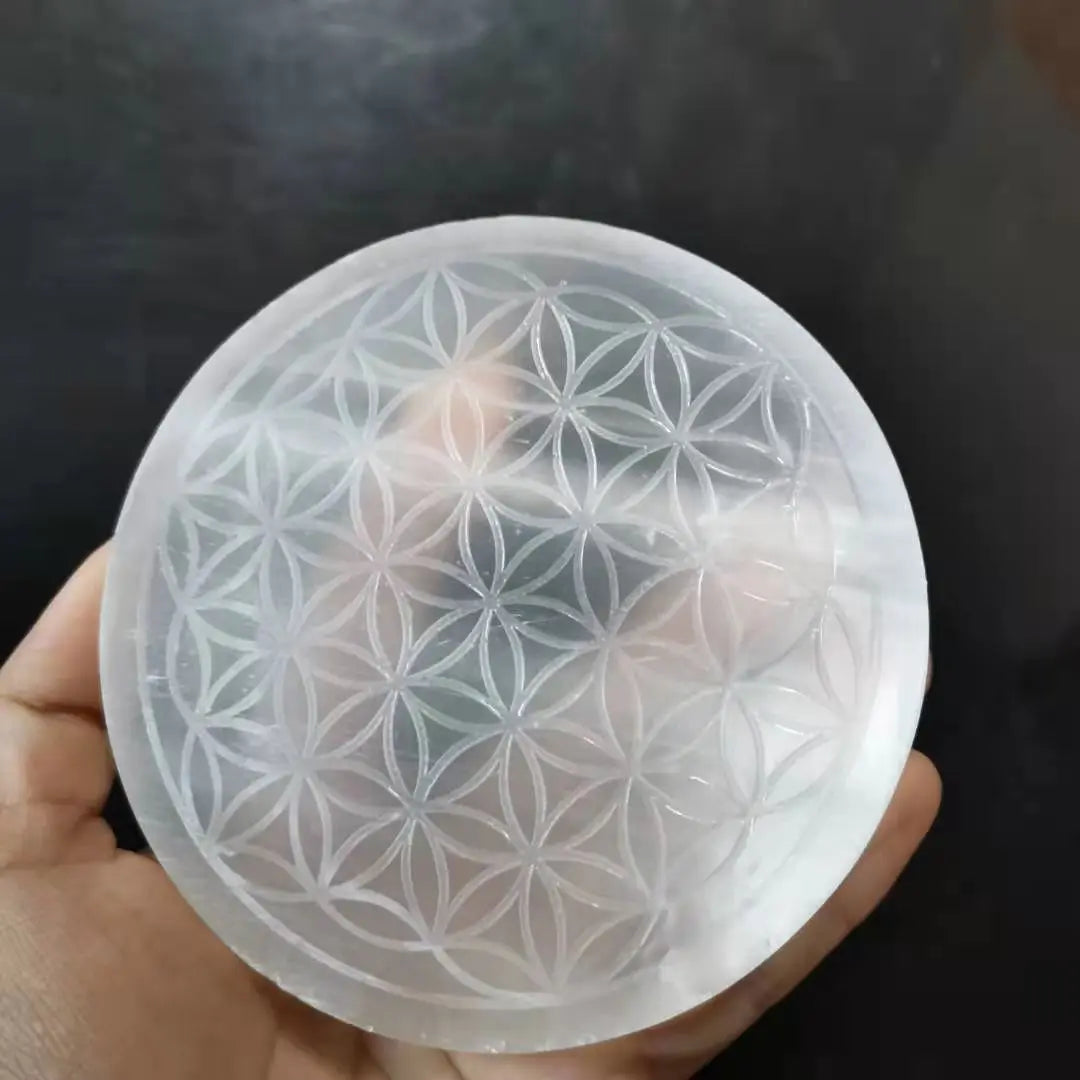 Natural selenite stone circle disk gypsum crystal Flower of Life Chakra Round Plate