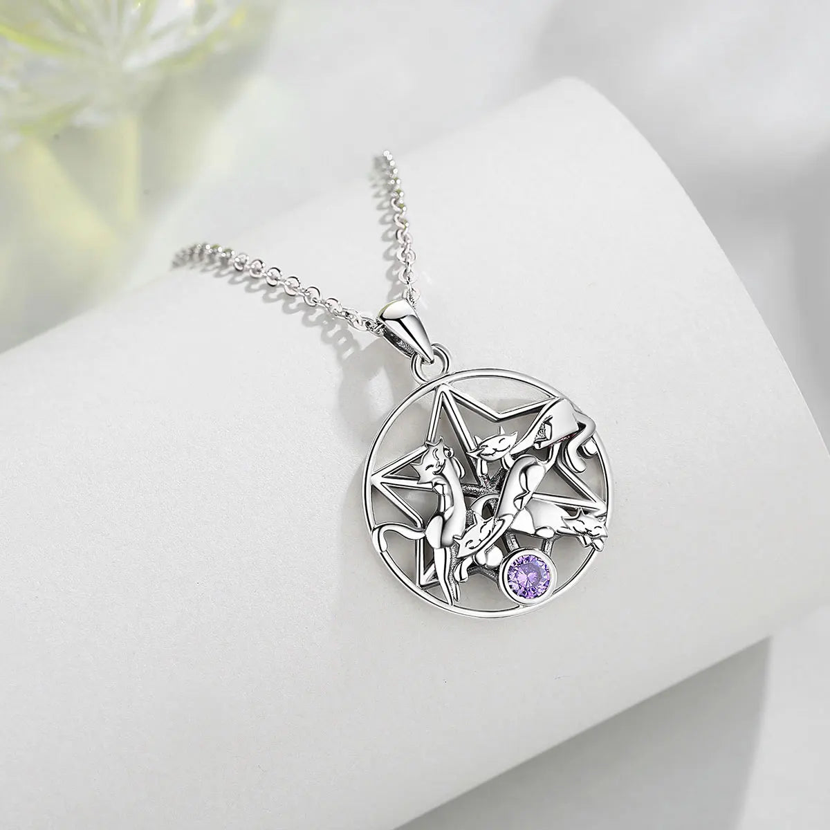 EUDORA 925 Sterling Silver Lucky Cat Pendant Star of David Necklace with Purple Crystal Animal Jewelry for Girl Women Gift D619