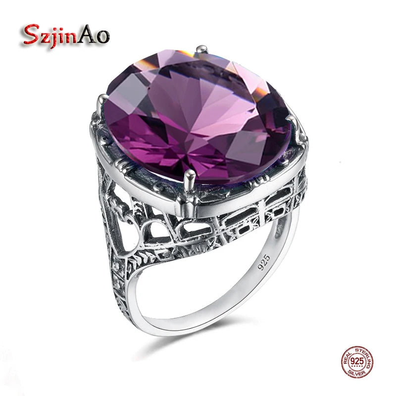 Szjinao Real 925 Silver Women Amethyst Gemstone Ring Wedding Rings Handmade Processing Victorian Antique Jewelry Star Of David