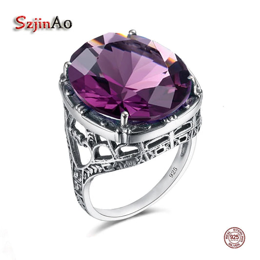 Szjinao Real 925 Silver Women Amethyst Gemstone Ring Wedding Rings Handmade Processing Victorian Antique Jewelry Star Of David