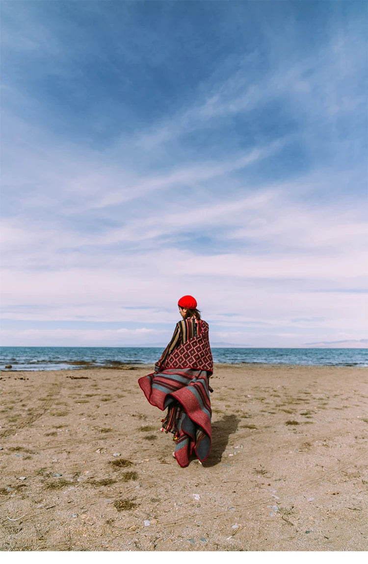 KHALEE YOSE Ethnic Argyle Strapped Cloak Cardigan Vintage Chic Autumn Winter Floral Boho Knited Cape Shawl Poncho Warm Outwear