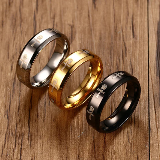 Stylish Men's Ankh Ring Egyptian Cross with Horus Eye Religious Stainless Steel Male Jewelry Anel Aneis Masculinos Accessory