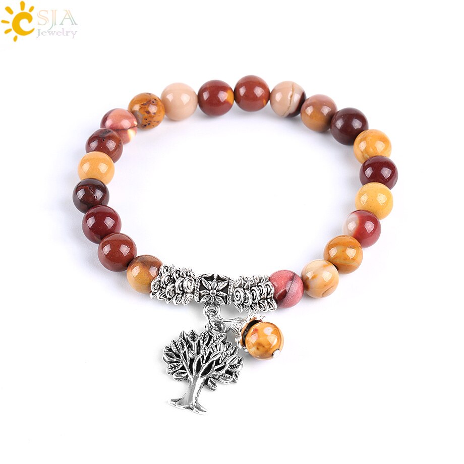 CSJA Tree of Life Charms Bracelet Bangle for Women Natural Egg Yolk Stone Rosary Mala Beads Healing Yoga Meditation Jewelry E738