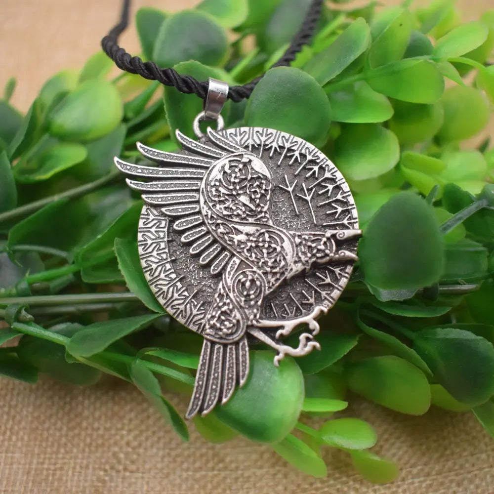 Norse Viking Runes Jewelry Valknut Raven Knots Round Pendant Necklace Talisman