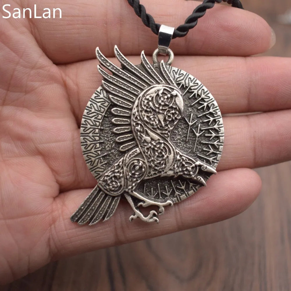 Norse Viking Runes Jewelry Valknut Raven Knots Round Pendant Necklace Talisman