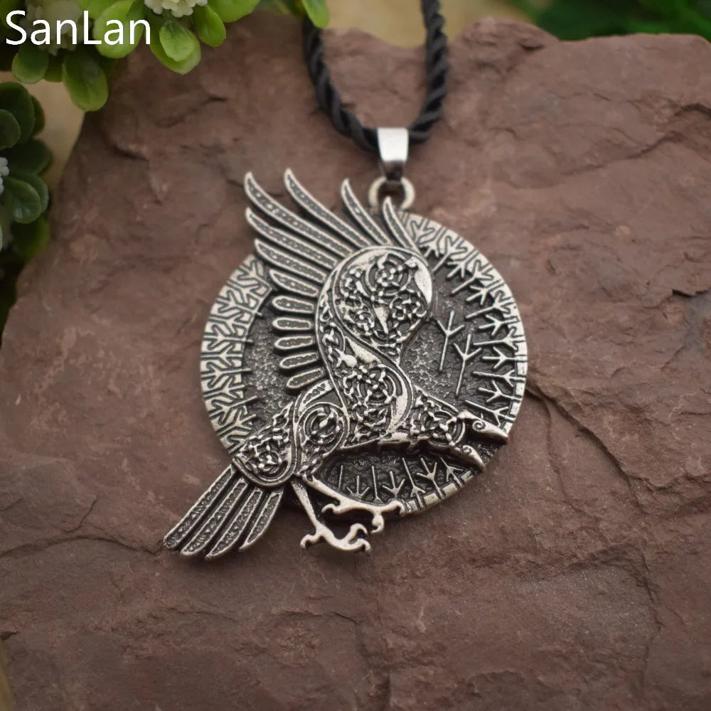 Norse Viking Runes Jewelry Valknut Raven Knots Round Pendant Necklace Talisman