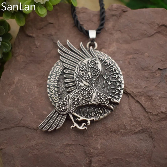 Norse Viking Runes Jewelry Valknut Raven Knots Round Pendant Necklace Talisman