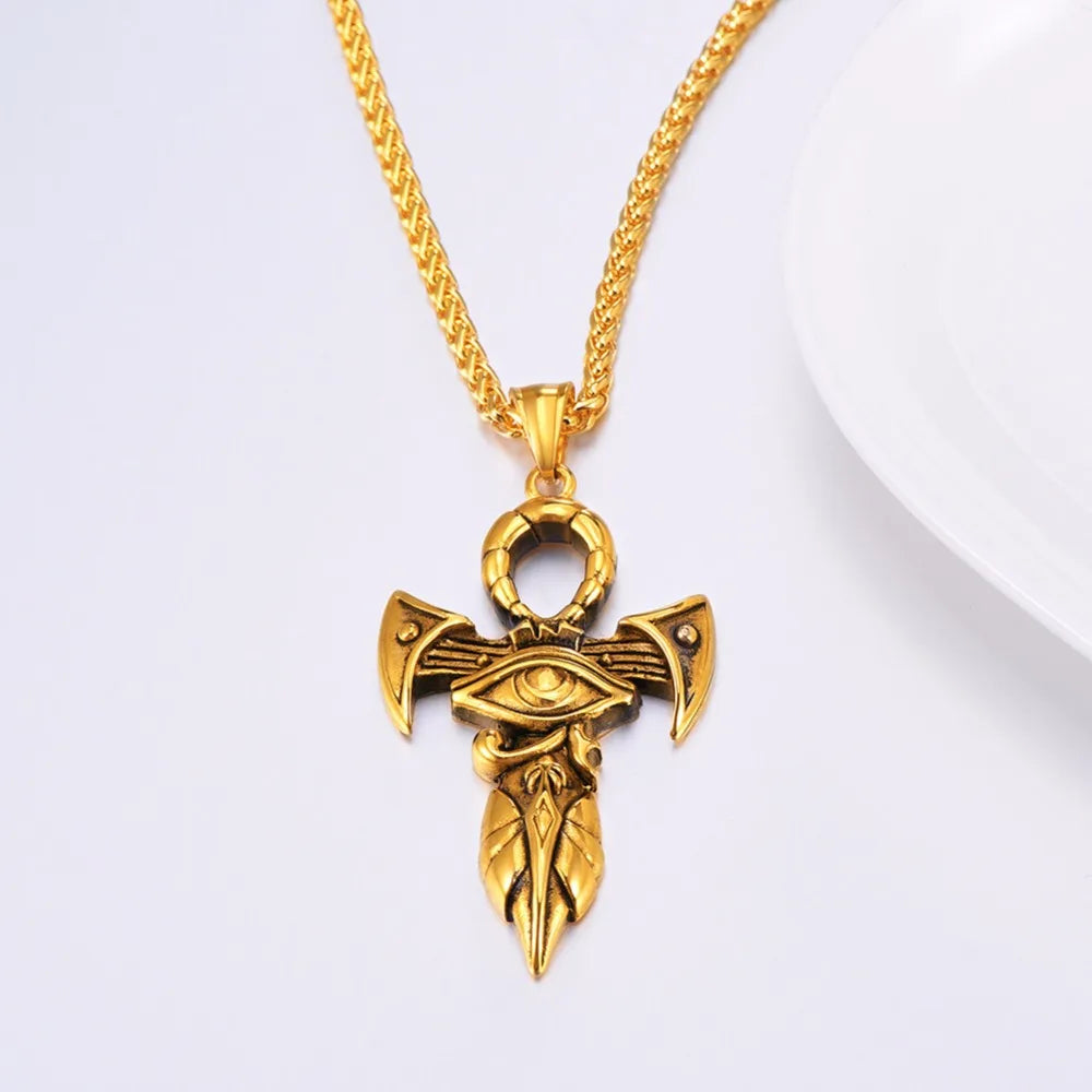 Eye of Horus Pendant Necklace Gold/Stainless Steel Pharaoh Protection Amulet Necklace Ankh Cross Egyptian Jewelry GP3319
