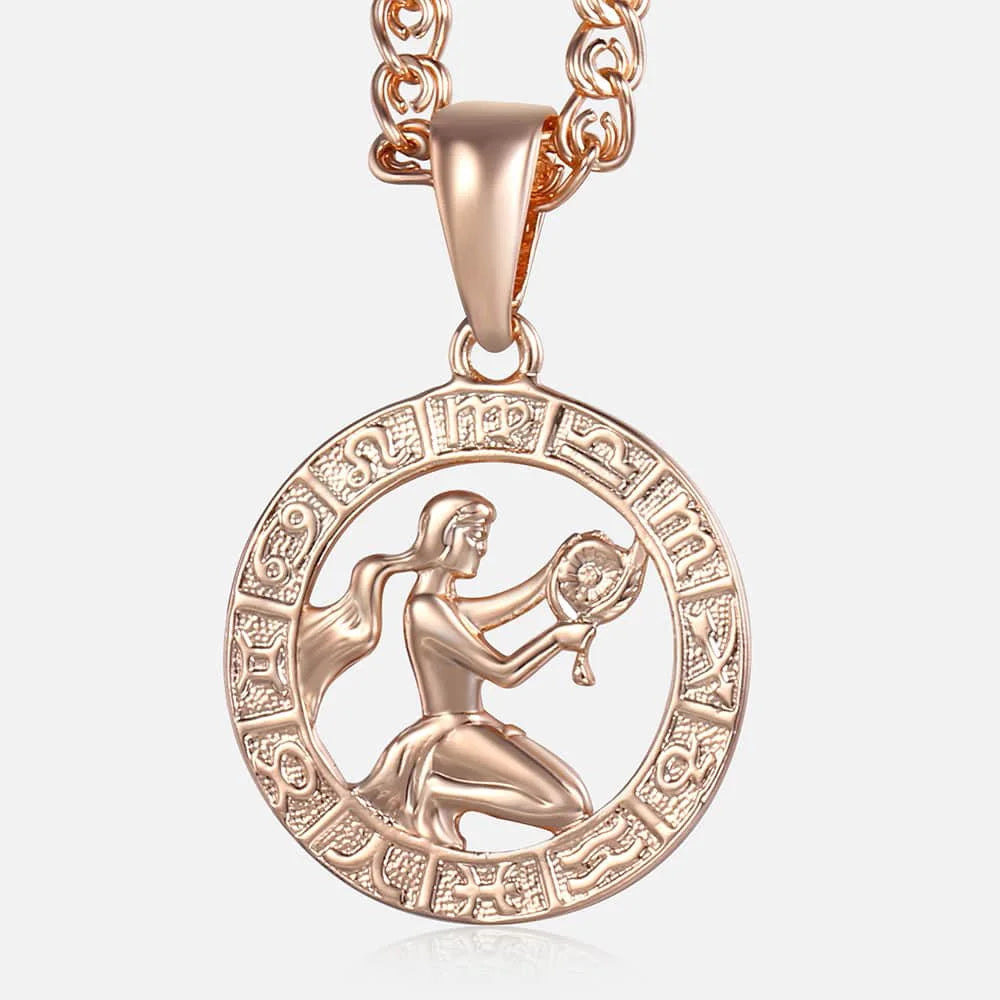 Women's Zodiac Sign Pendant 12 Constellation Charm 585 Rose Gold Color Necklace Aries Leo Scorpio 3mm Snail Jewelry GP278