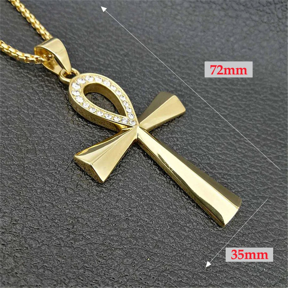 Egypt Iced Out Bling Ankh Cross Pendant Necklace Women Men Key of Life Gold Color Stainless Steel Rhinestones Egyptian Jewelry