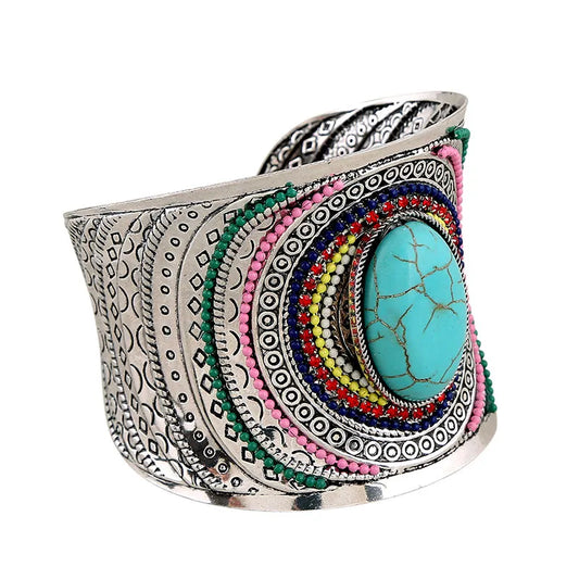 Colorful Natural Oval  Wide Cuff Bracelets Charming Big Bangles Bohemian Tibetan   Bracelet  Enamel Jewelry For Women