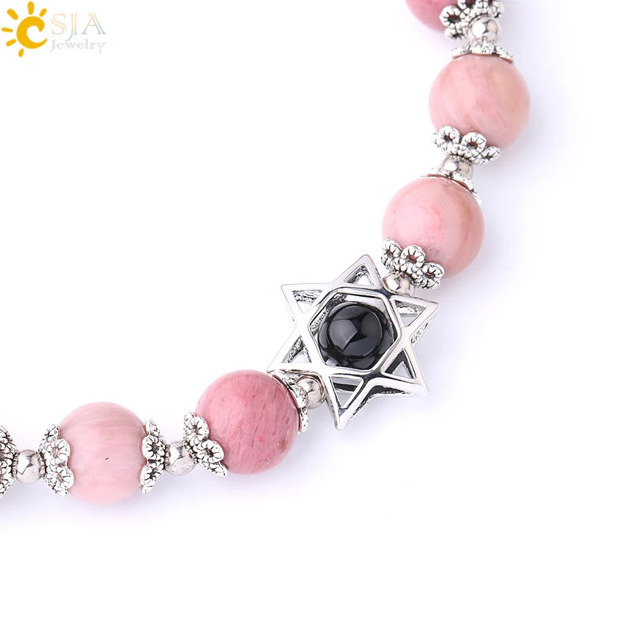 CSJA Natural Stone Hexagram Charms Bracelets Magen Star of David Lapis Lazuli Rhodonite 8MM Gem Bead Bracelet for Women Men F827
