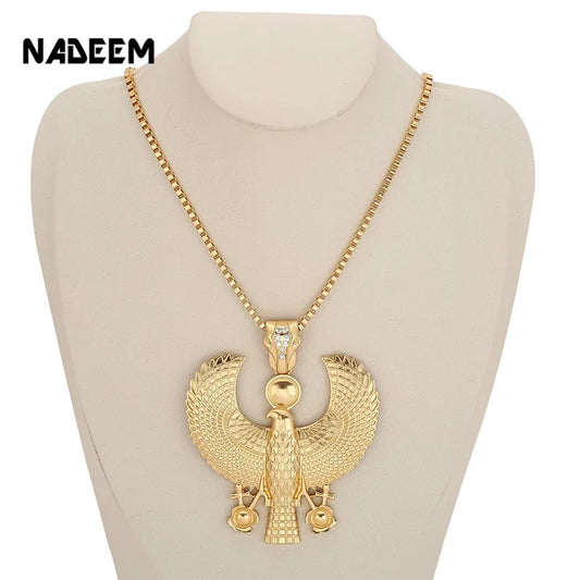 Newest Fashion Metal Gold Color Egyptian Horus Bird Falcon Holding Ankh Pendant Necklace Bib Chain Choker Animal Hiphop Necklace