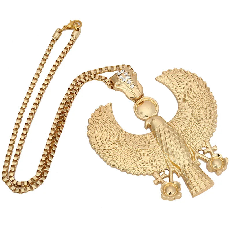 Newest Fashion Metal Gold Color Egyptian Horus Bird Falcon Holding Ankh Pendant Necklace Bib Chain Choker Animal Hiphop Necklace