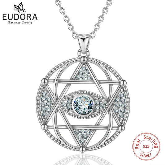 EUDORA 925 Sterling Silver Star of David & Evil Eye Pendant Necklace Fashion Hexagram Clear CZ Jewelry for Women Gift CYD320