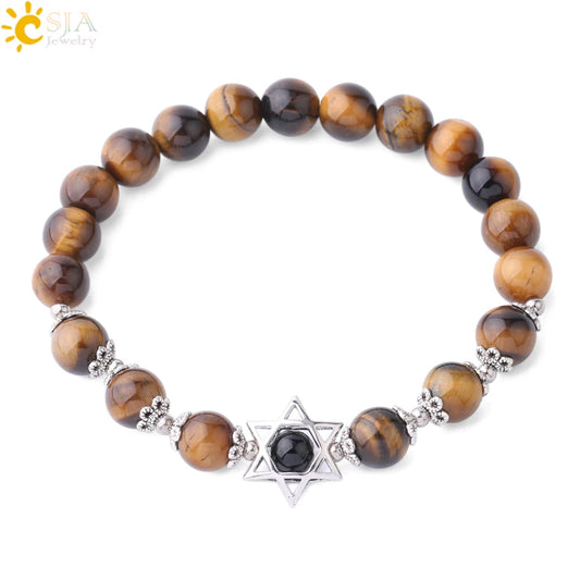 CSJA Charm Natural Stone Bracelets Magen Star of David Mala Beads Tiger Eye Lapis Lazuli Amazonite Reiki Ethnic Bracelet F856