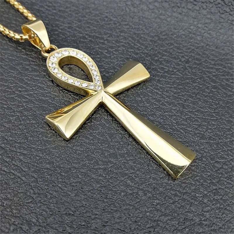 Egypt Iced Out Bling Ankh Cross Pendant Necklace Women Men Key of Life Gold Color Stainless Steel Rhinestones Egyptian Jewelry