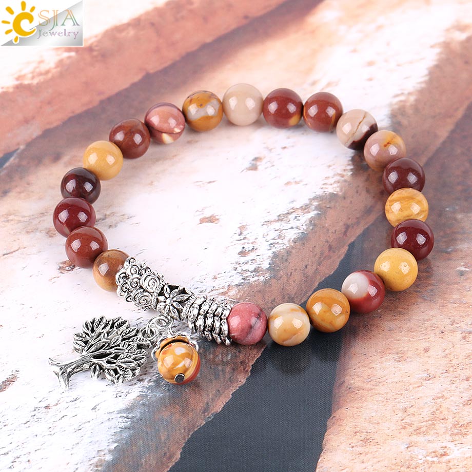 CSJA Tree of Life Charms Bracelet Bangle for Women Natural Egg Yolk Stone Rosary Mala Beads Healing Yoga Meditation Jewelry E738