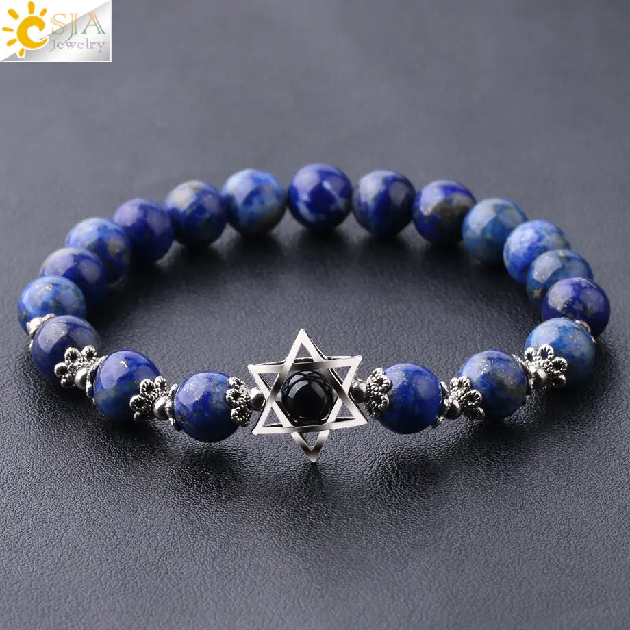 CSJA Natural Stone Hexagram Charms Bracelets Magen Star of David Lapis Lazuli Rhodonite 8MM Gem Bead Bracelet for Women Men F827