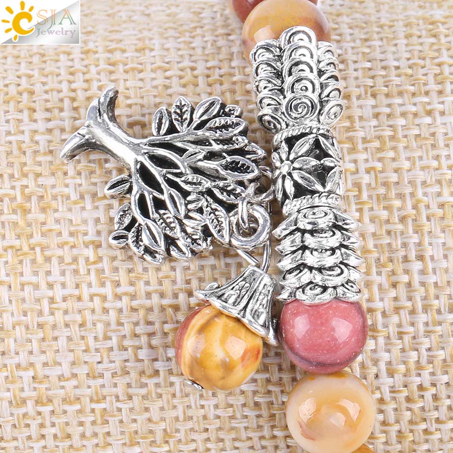 CSJA Tree of Life Charms Bracelet Bangle for Women Natural Egg Yolk Stone Rosary Mala Beads Healing Yoga Meditation Jewelry E738