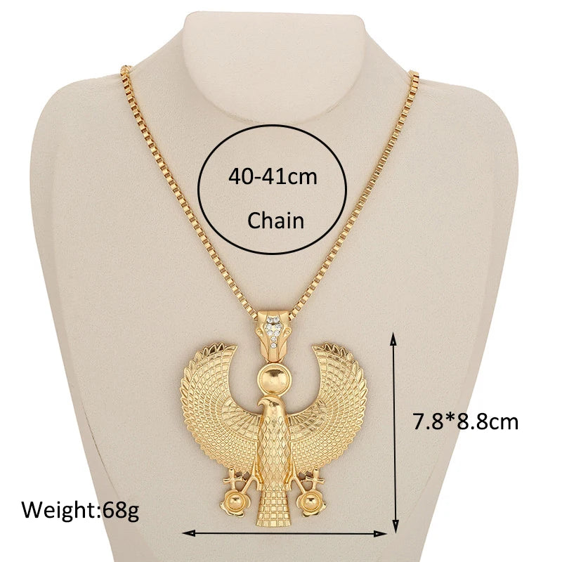 Newest Fashion Metal Gold Color Egyptian Horus Bird Falcon Holding Ankh Pendant Necklace Bib Chain Choker Animal Hiphop Necklace